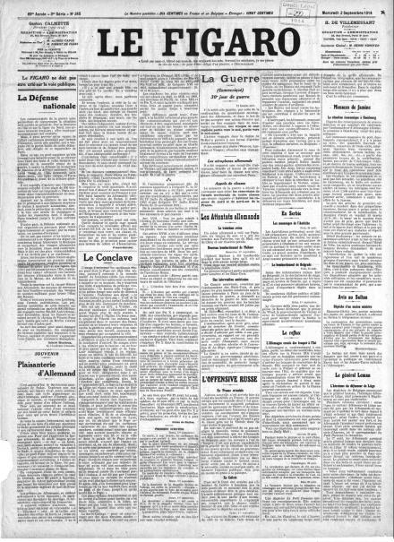 La prima pagina de Le Figaro del 2 settembre 1914