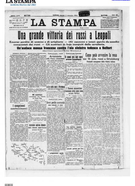 La prima pagina de La Stampa del 3 settembre 1914 