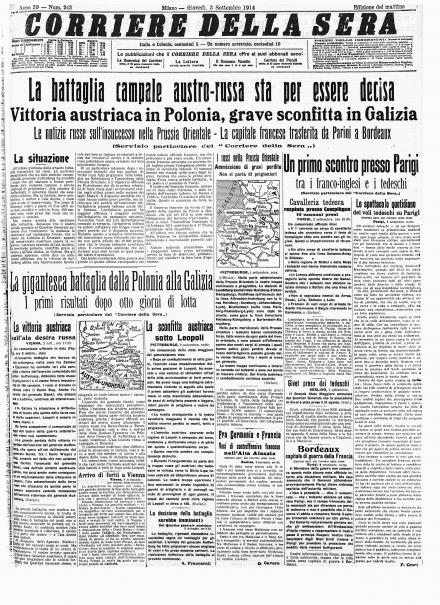 La prima pagina del Corriere della Sera del 3 settembre 1914