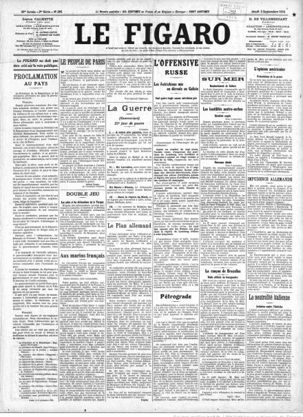 La prima pagina de Le Figaro del 3 settembre 1914