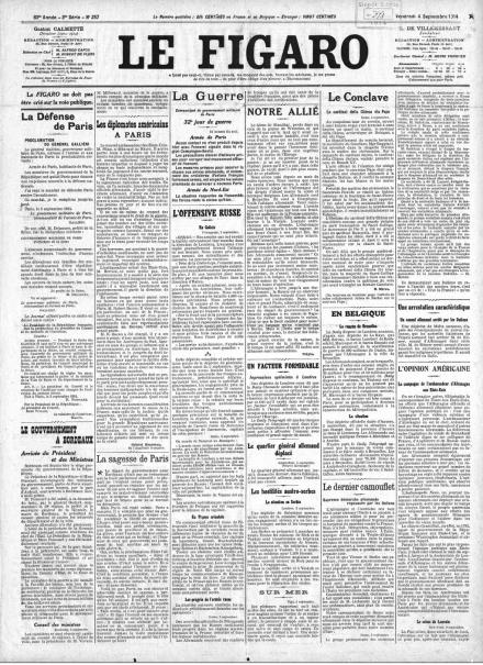 La prima pagina de Le Figaro del 4 settembre 1914
