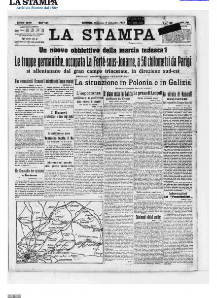 La prima pagina de La Stampa del 6 settembre 1914