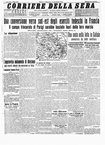 La prima pagina del Corriere della Sera del 6 settembre 1914