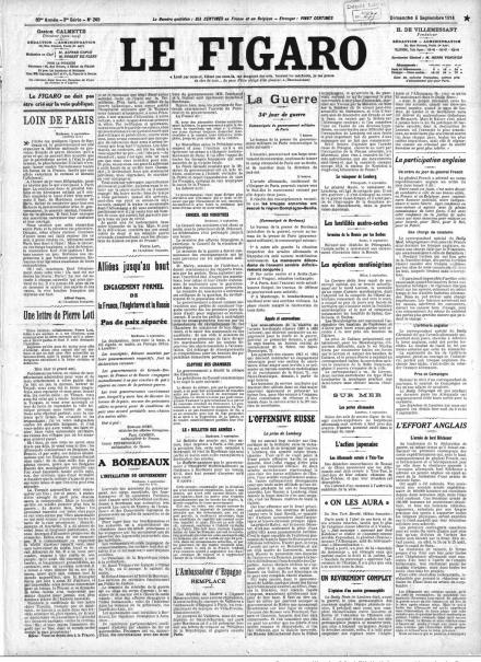 La prima pagina de Le Figaro del 6 settembre 1914