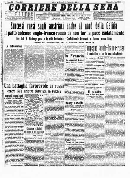 La prima pagina del Corriere della Sera del 7 settembre 1914