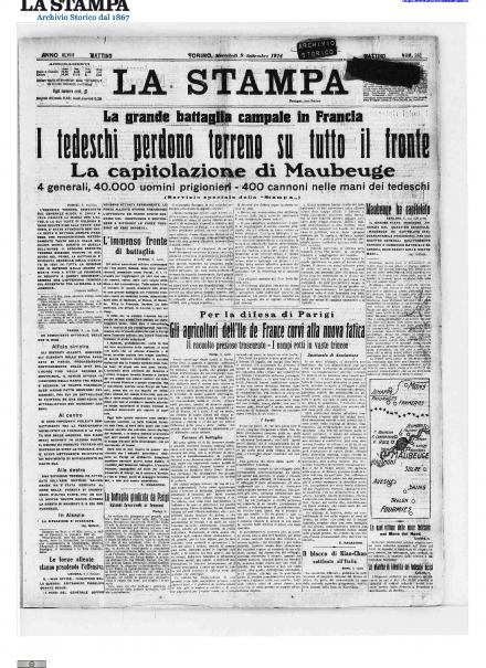 La prima pagina de La Stampa del 9 settembre 1914