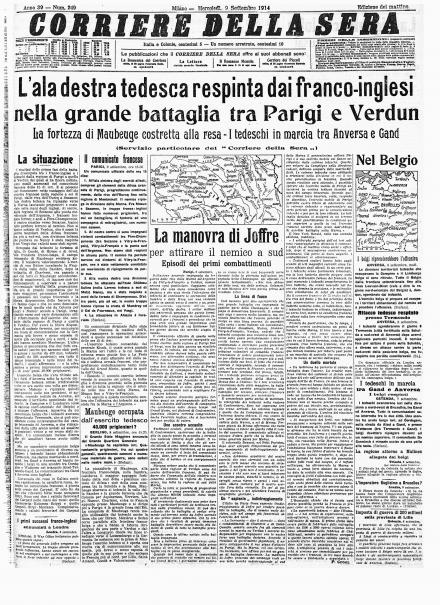 La prima pagina del Corriere della Sera del 9 settembre 1914