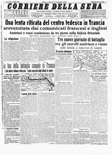 La prima pagina del Corriere della Sera del 10 settembre 1914