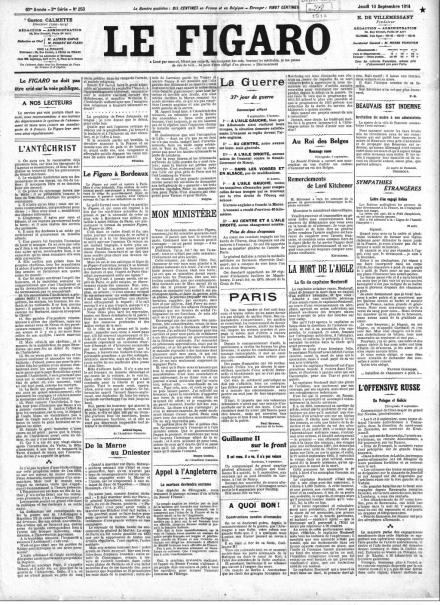 La prima pagina de Le Figaro del 10 settembre 1914