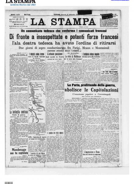 La prima pagina de La Stampa dell'11 settembre 1914