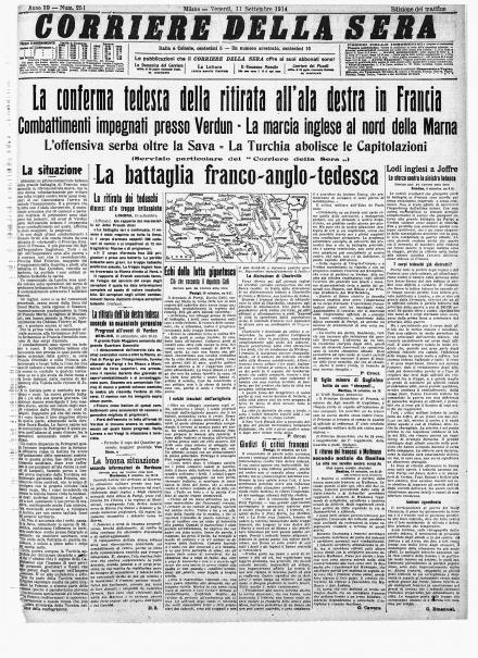 La prima pagina del Corriere della Sera dell'11 settembre 1914