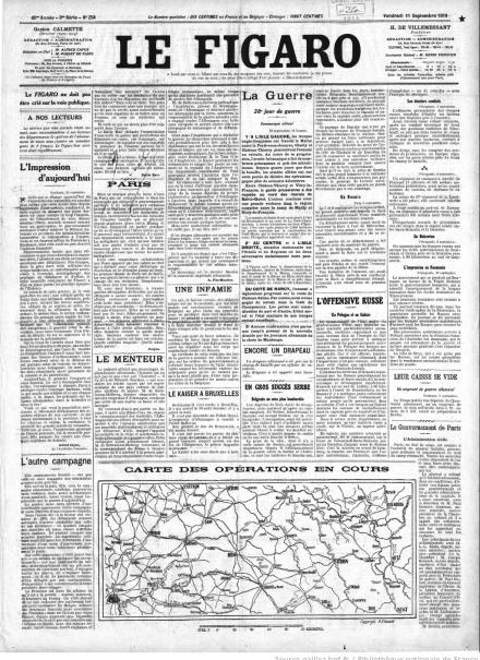 La prima pagina de Le Figaro dell'11 settembre 1914