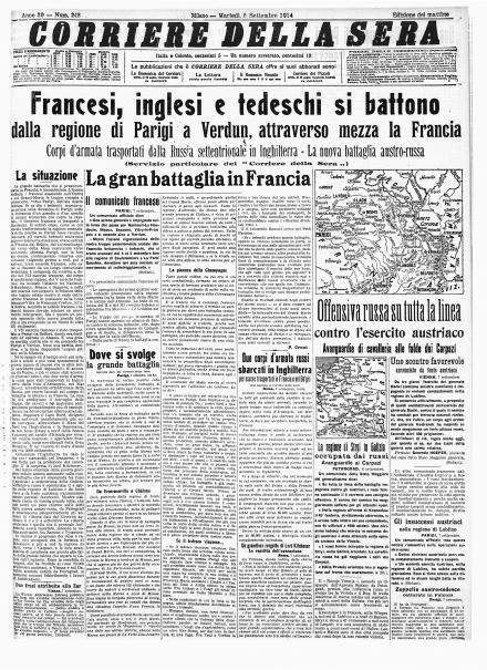 La prima pagina del Corriere della Sera dell'8 settembre 1914