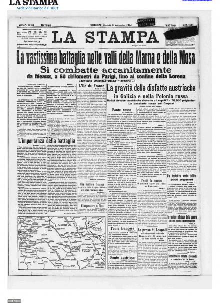 La prima pagina de La Stampa dell'8 settembre 1914
