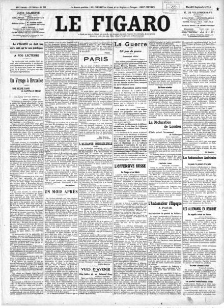 La prima pagina de Le Figaro dell'8 settembre 1914