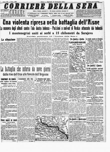 La prima pagina del Corriere della Sera del 22 settembre 1914