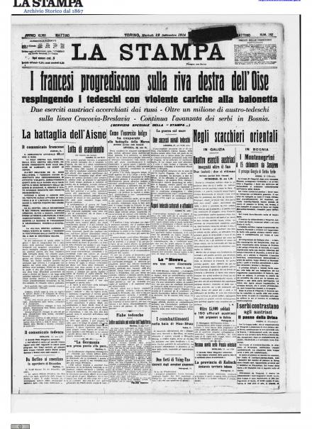 La prima pagina de La Stampa del 22 settembre 1914
