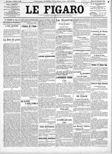 La prima pagina de Le Figaro del 22 settembre 1914