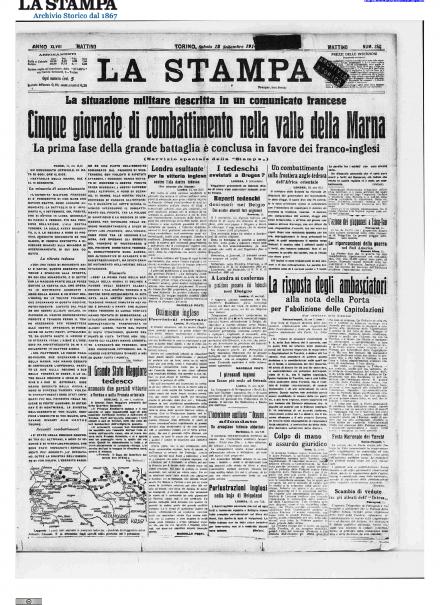 La prima pagina de La Stampa del 12 settembre 1914