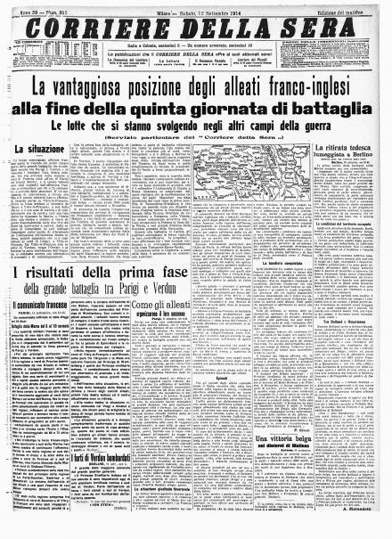 La prima pagina del Corriere della Sera del 12 settembre 1914