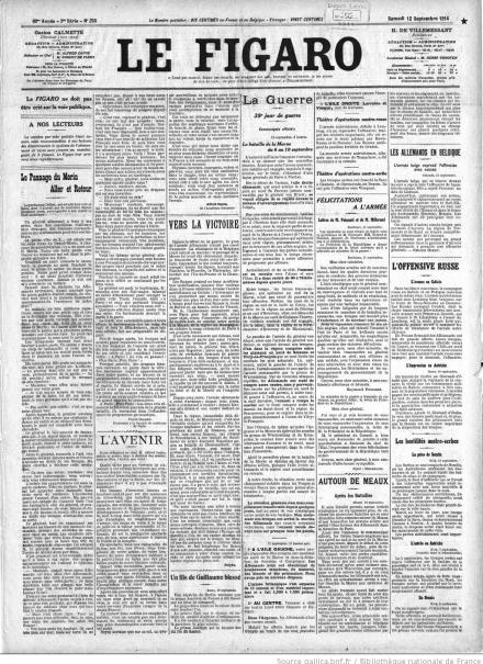 La prima pagina de Le Figaro del 12 settembre 1914 