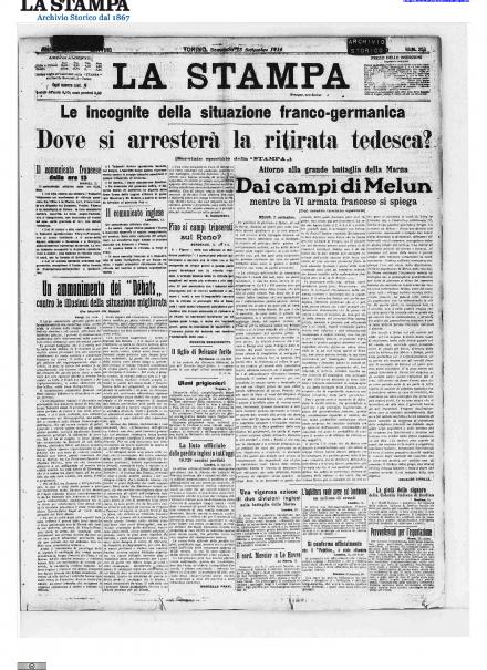 La prima pagina de La Stampa del 13 settembre 1914