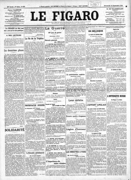 La prima pagina de Le Figaro del 13 settembre 1914