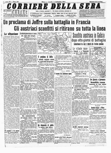 La prima pagina del Corriere della Sera del 14 settembre 1914