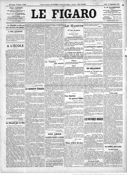 La prima pagina de Le Figaro del 14 settembre 1914