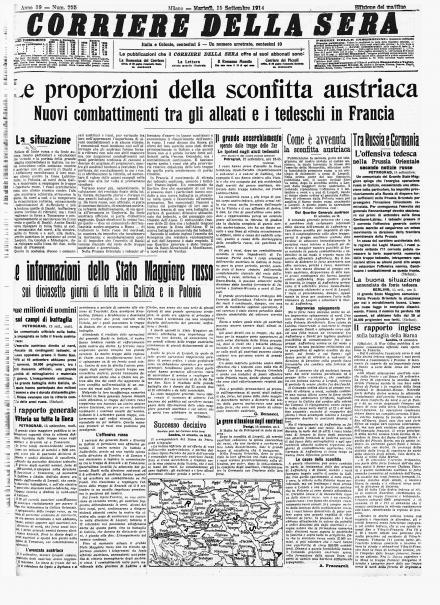 La prima pagina del Corriere della Sera del 15 settembre 1914
