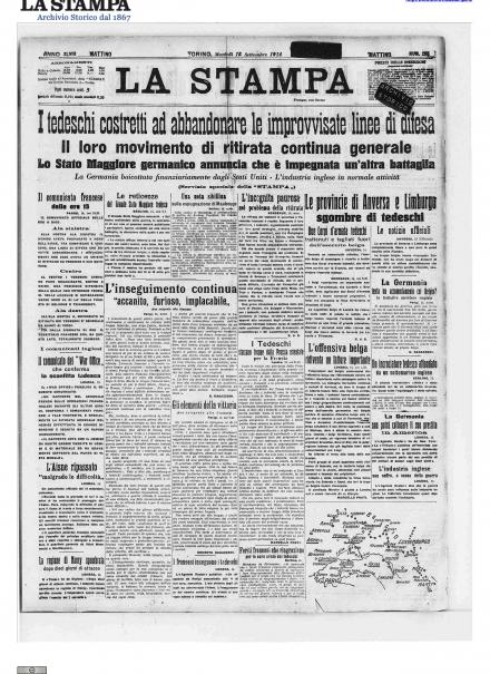 La prima pagina de La Stampa del 15 settembre 1914