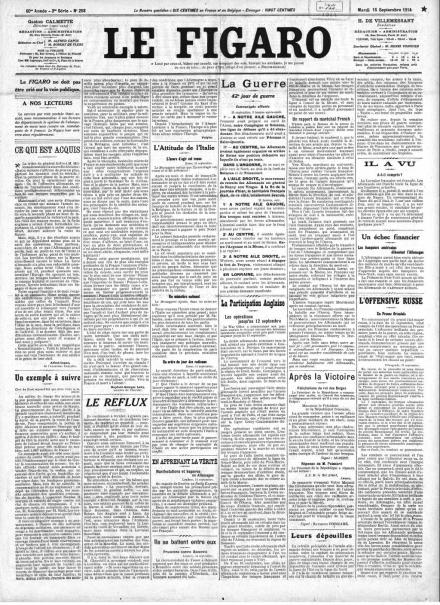 La prima pagina de Le Figaro del 15 settembre 1914