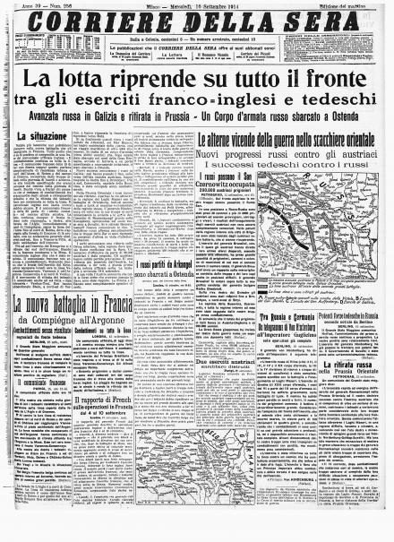 La prima pagina del Corriere della Sera del 16 settembre 1914