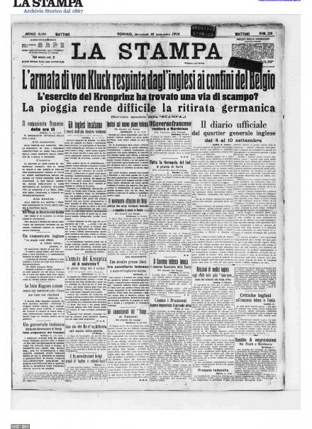 La prima pagina de La Stampa del 16 settembre 1914