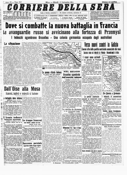 La prima pagina del Corriere della Sera del 17 settembre 1914