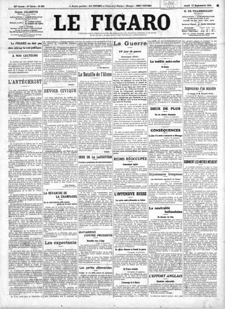 La prima pagina de Le Figaro del 17 settembre 1914