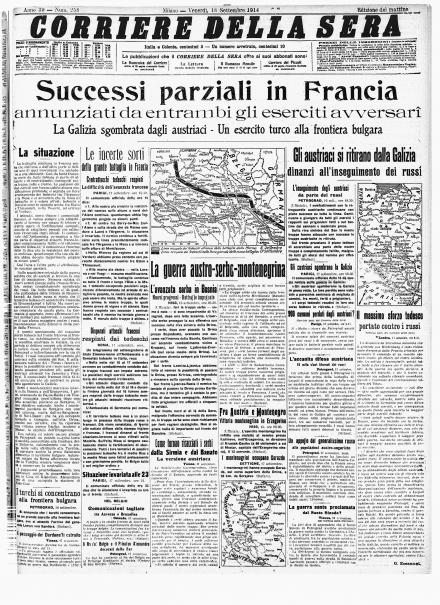 La prima pagina del Corriere della Sera del 18 settembre 1914