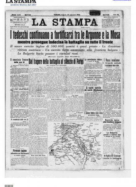 La prima pagina de la Stampa del 18 settembre 1914