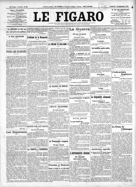 La prima pagina de Le Figaro del 18 settembre 1914
