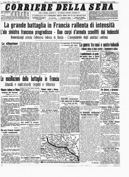 La prima pagina del Corriere della Sera del 19 settembre 1914