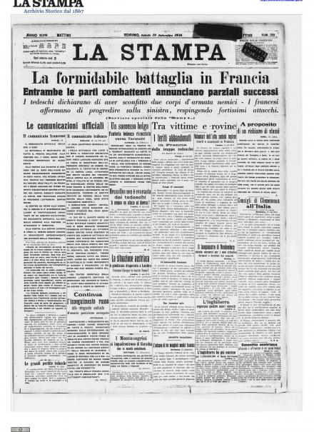 La prima pagina de La Stampa del 19 settembre 1914