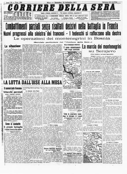 La prima pagina del Corriere della Sera del 20 settembre 1914