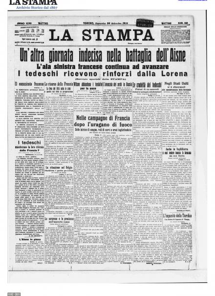 La prima pagina de La Stampa del 20 settembre 1914