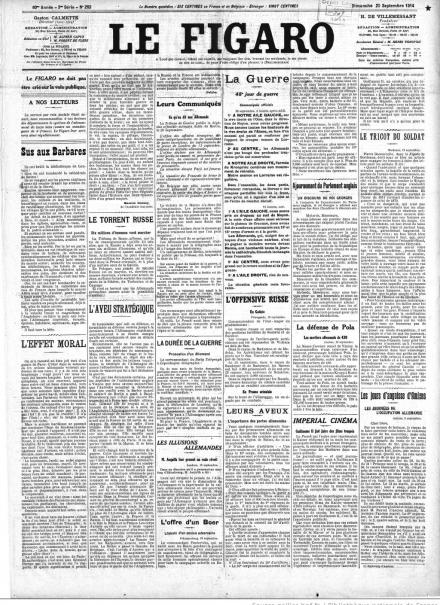 La prima pagina de Le Figaro del 20 settembre 1914