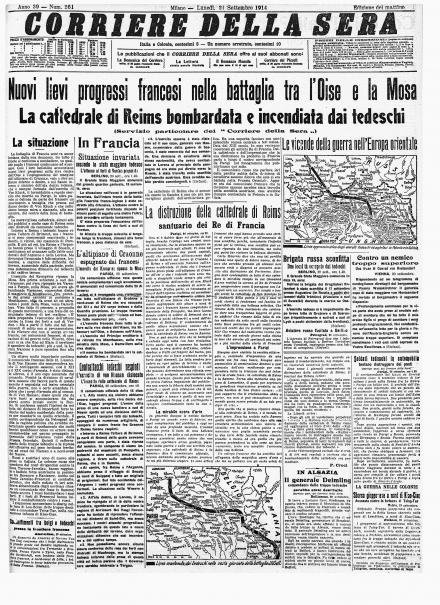 La prima pagina del Corriere della Sera del 21 settembre 1914