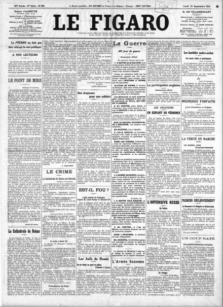 La prima pagina de Le Figaro del 21 settembre 1914