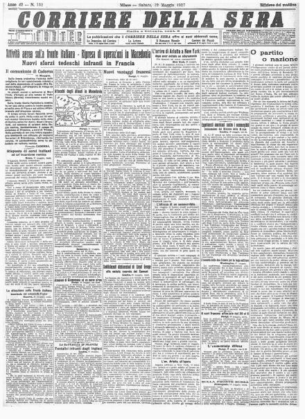 La prima pagina del Corriere della Sera del 12 maggio 1917