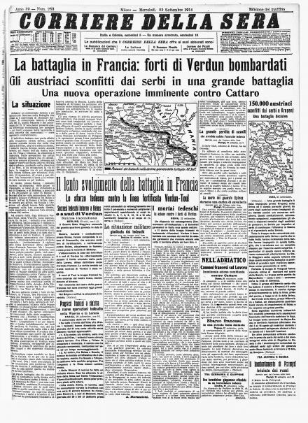 La prima pagina del Corriere della Sera del 23 settembre 1914