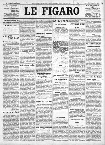 la prima pagina de Le Figaro del 23 settembre 1914