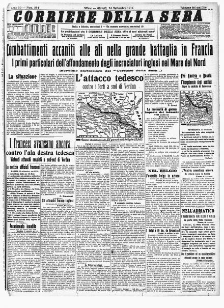 La prima pagina del Corriere della Sera del 24 settembre 1914